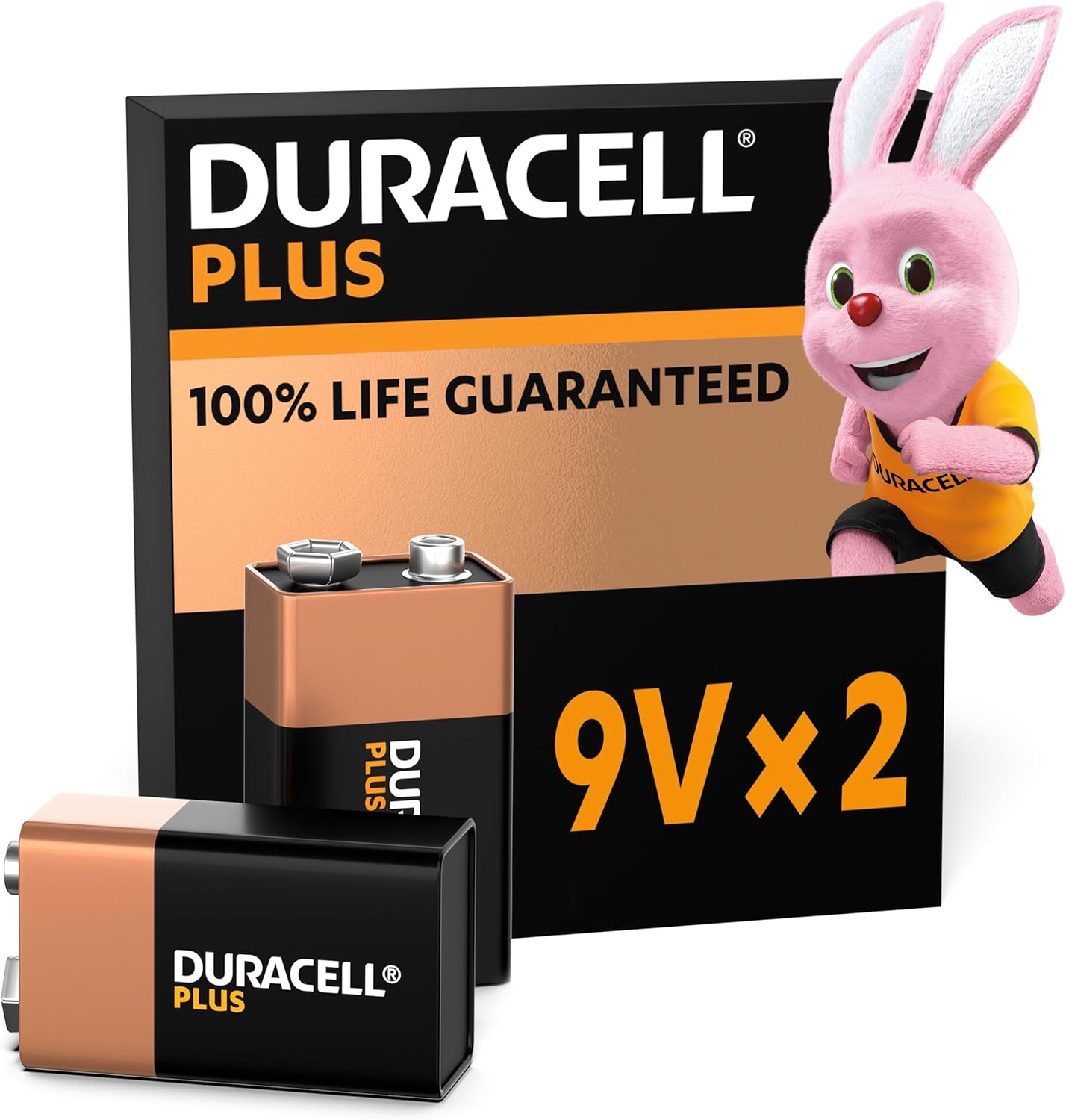 Duracell Plus 9V Batteries (2 Pack) - Alkaline - 100% Life Guaranteed - Reliability For Everyday Devices - 0% Plastic Packaging - 5-Year Storage