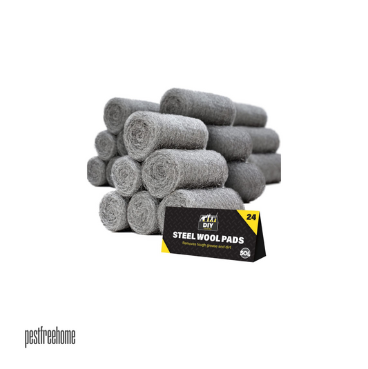 A stack of DIY Essentials Steel Wool Pads (Grade 0) – Pack of 24, tightly rolled fine wire wool designed for rodent proofing, cleaning, and polishing. A branded packaging label in the foreground highlights its grease and dirt removal properties. Ideal for blocking small holes, smoothing wood, and restoring metal surfaces.